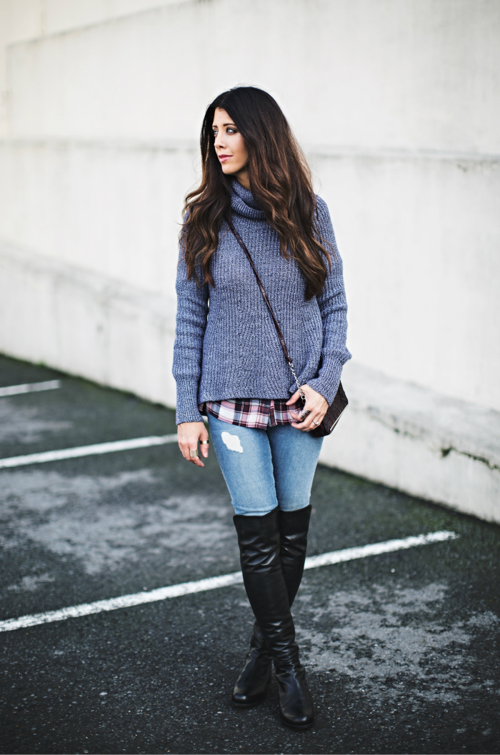 Plaid + Cropped Turtleneck Sweater