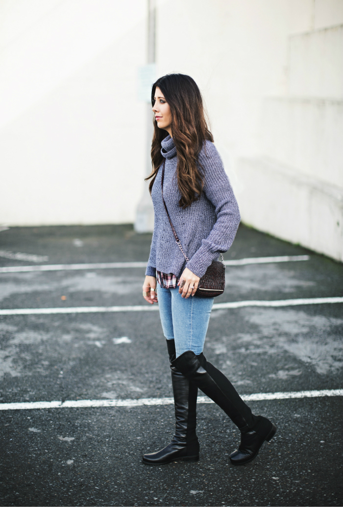 Plaid Top Under Cropped Sweater + Over the Knee Boots