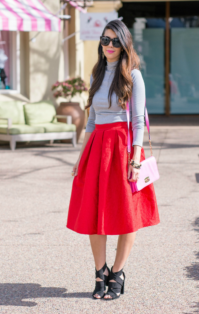 Red Midi Skirt + Grey Turtleneck