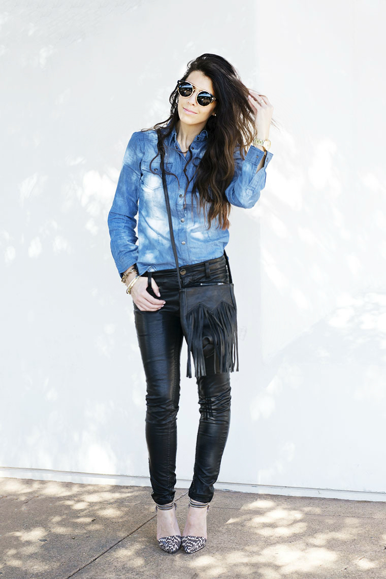 Denim top, leather jeans, sunnies