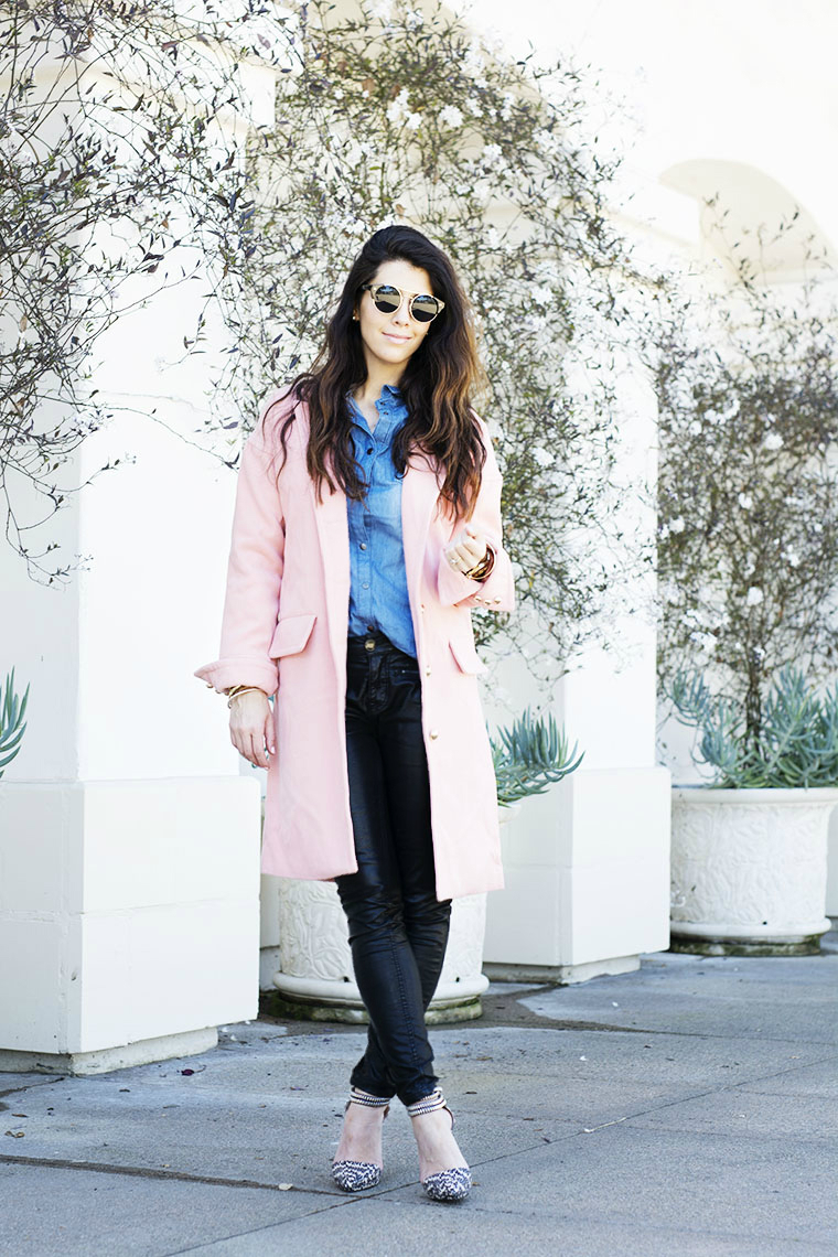 Denim top, pink coat, leather