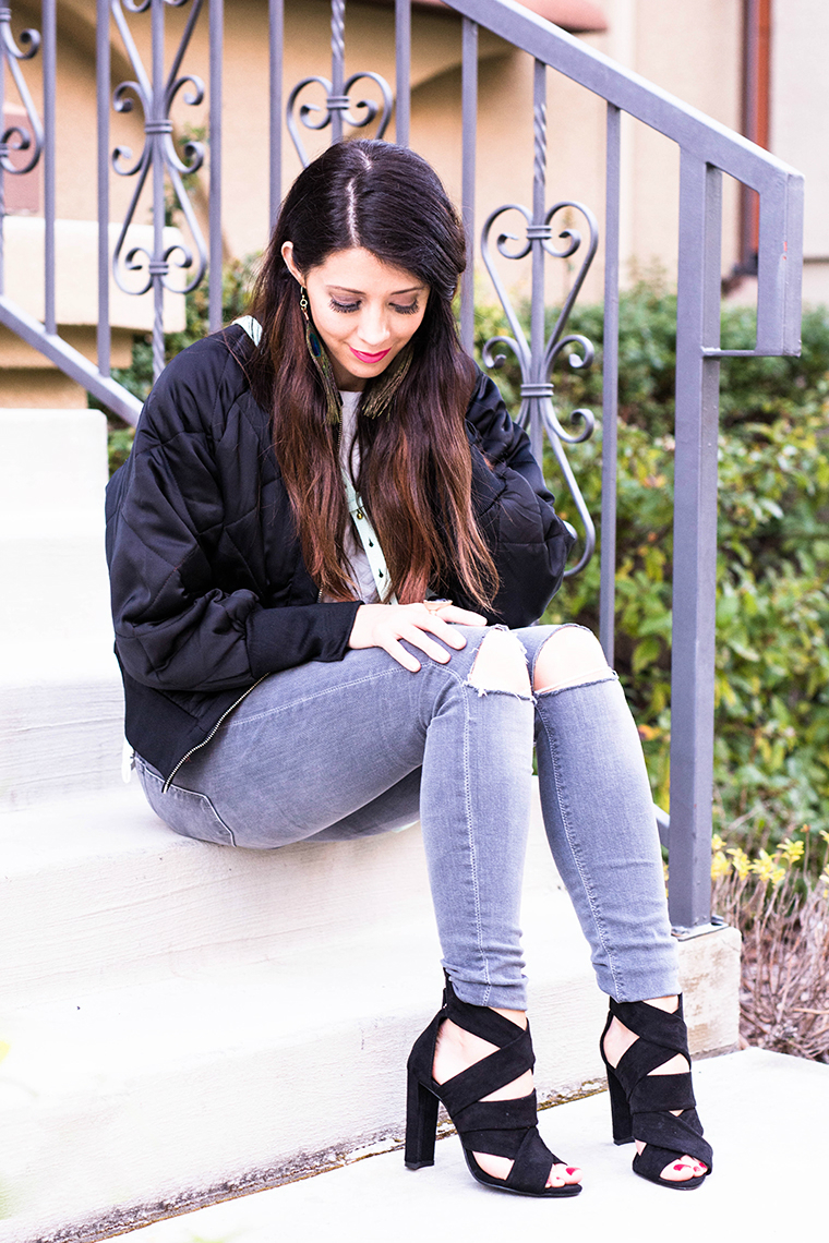 Grey Distressed Denim, Strappy heels