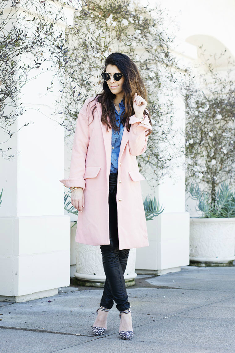 Sunnies, pink coat, chambray shirt