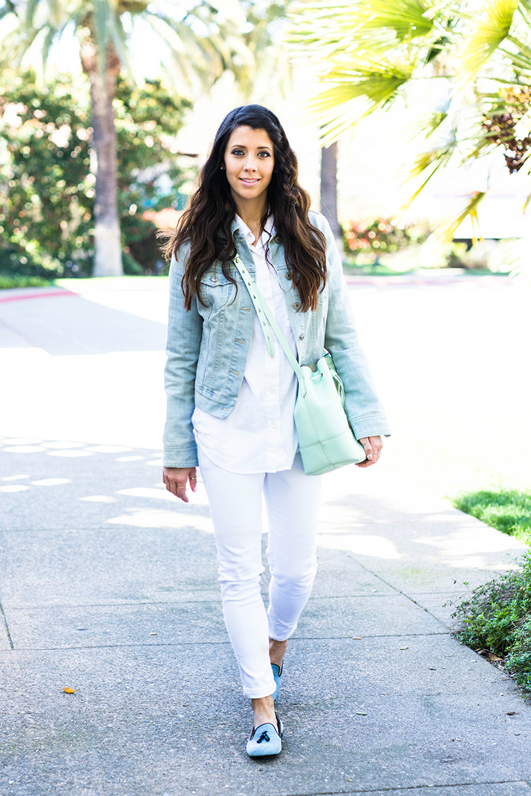 white, denim, mint