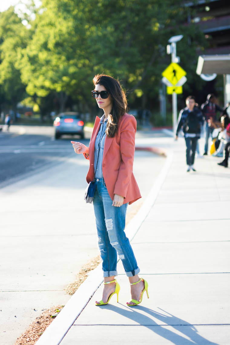 Boyfriends jeans, neon heels, coral blazer