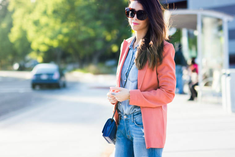 Coral blazer, denim on denim