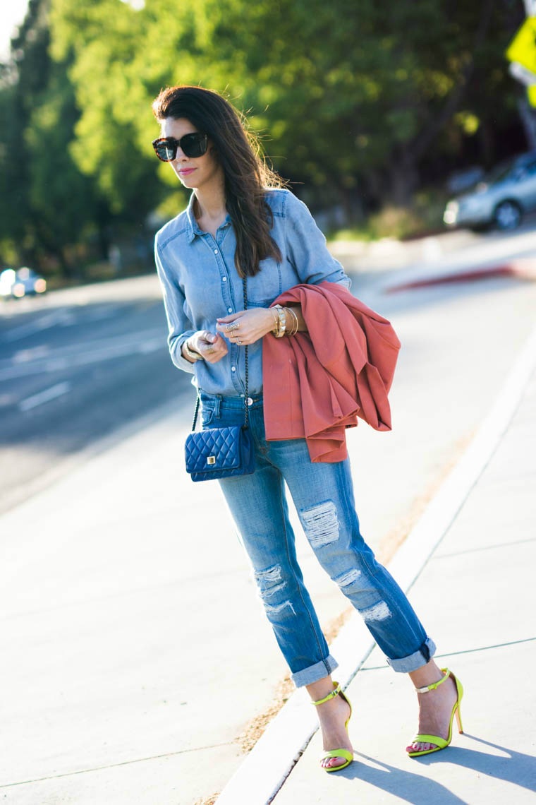 Coral, neon, denim on denim