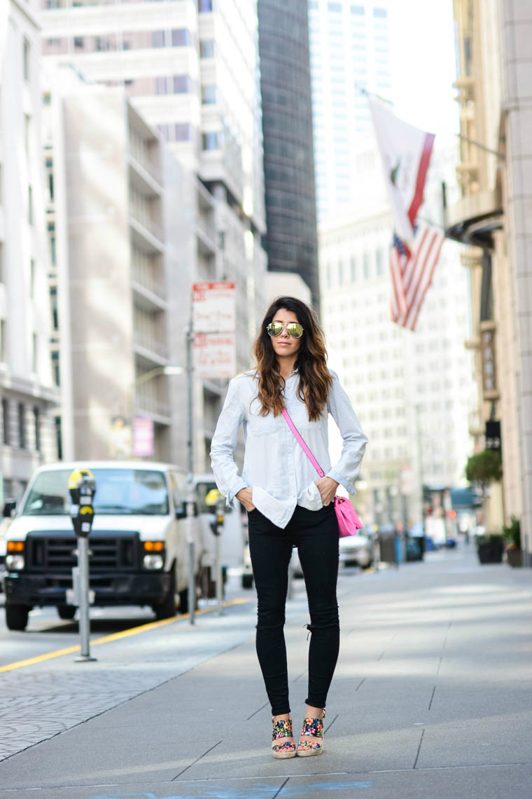 Floral wedges, Denim, Black Jeans