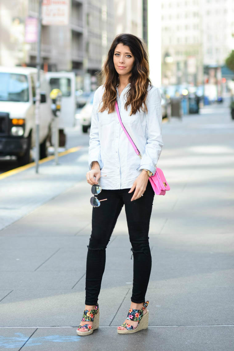 Floral wedges, pink bag, denim, black jeans