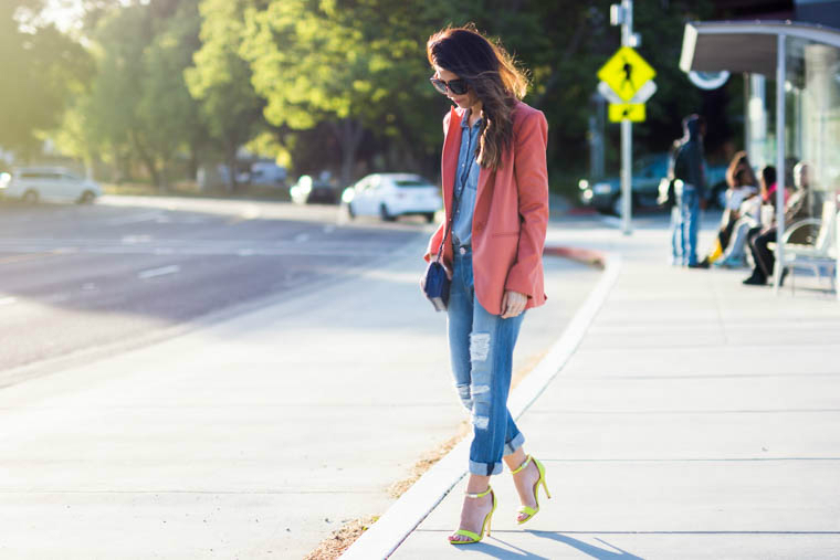 Neon heels, coral blazer, denim on denim