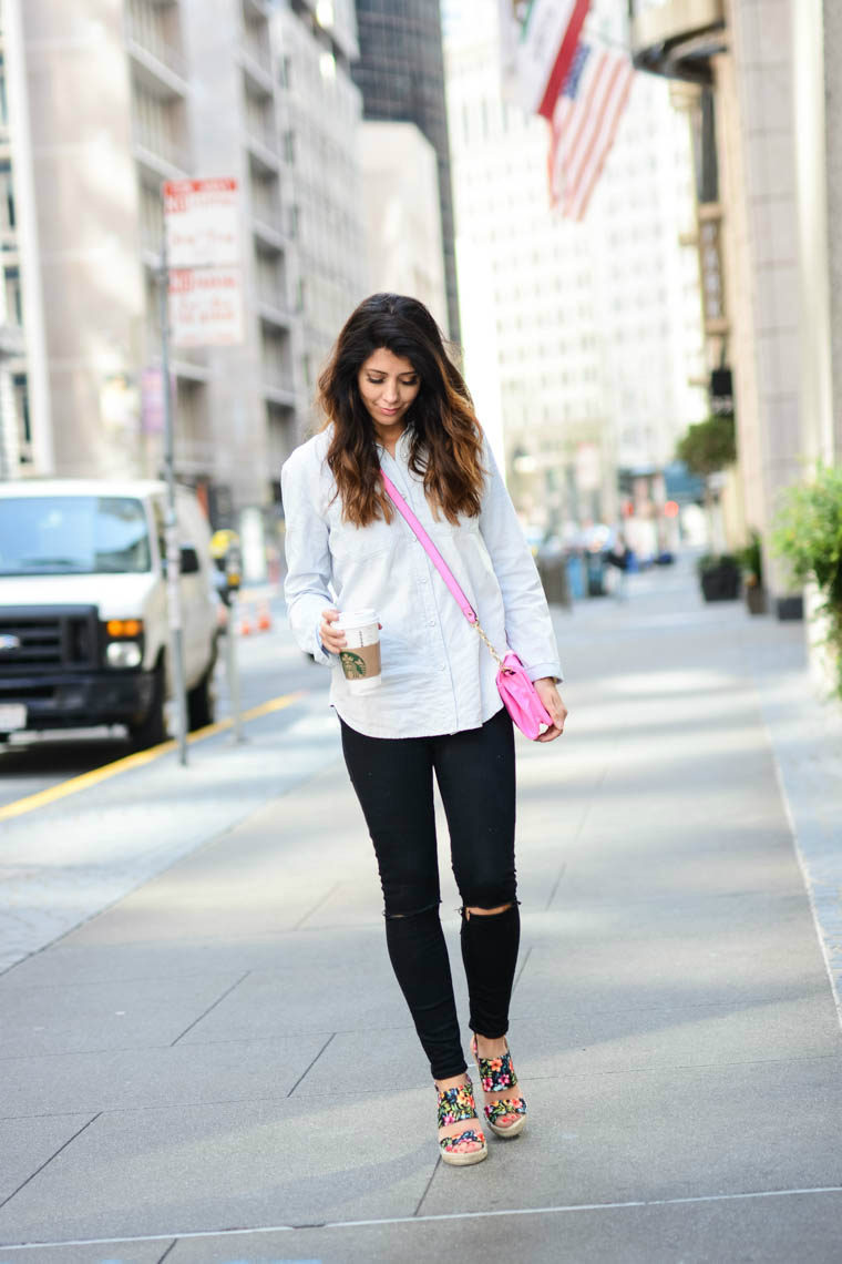 Pink bag, floral wedges, denim top