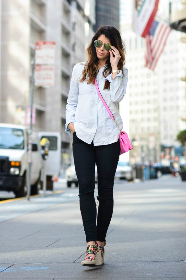 Ray bans, floral wedges, denim