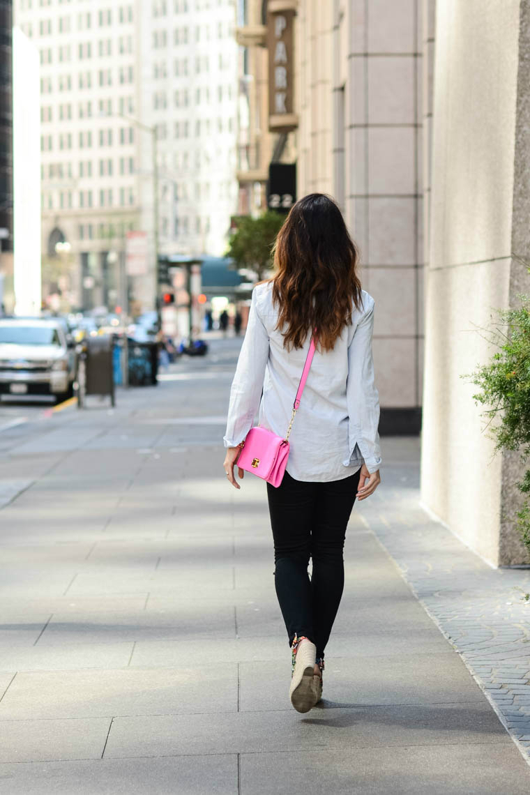 pink bag, denim, black jeans