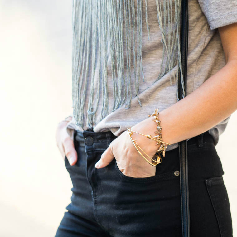 Fringe Grey Top, Black Jeans