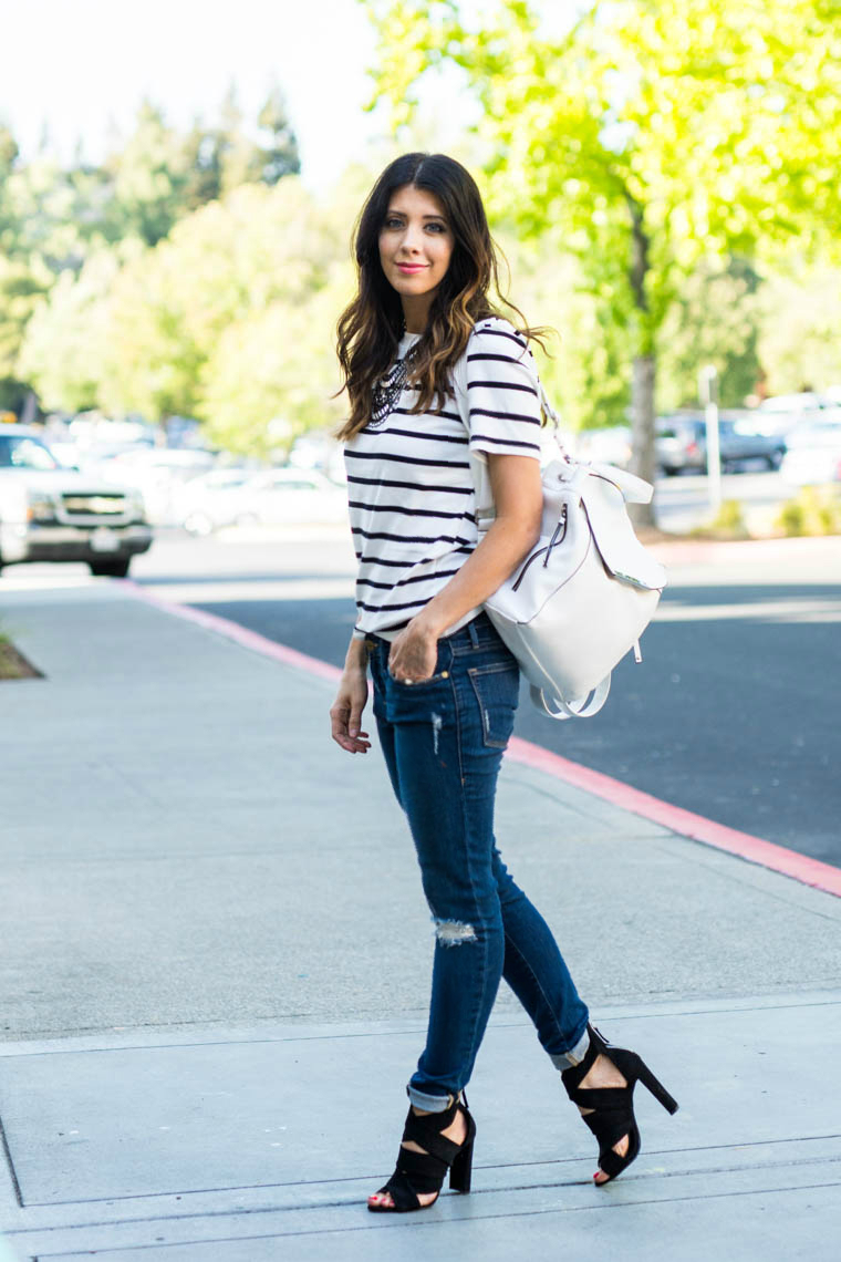 Striped Tee, Distressed Jeans, Backpack