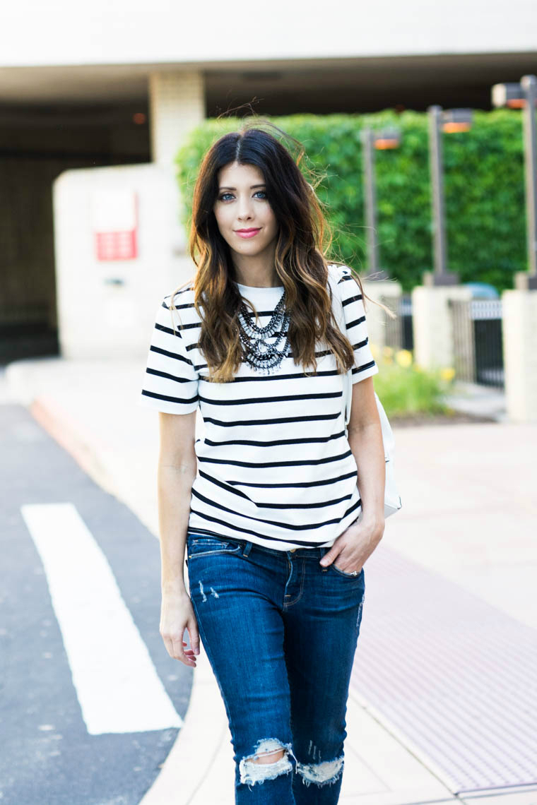 Striped top, Distressed Jeans