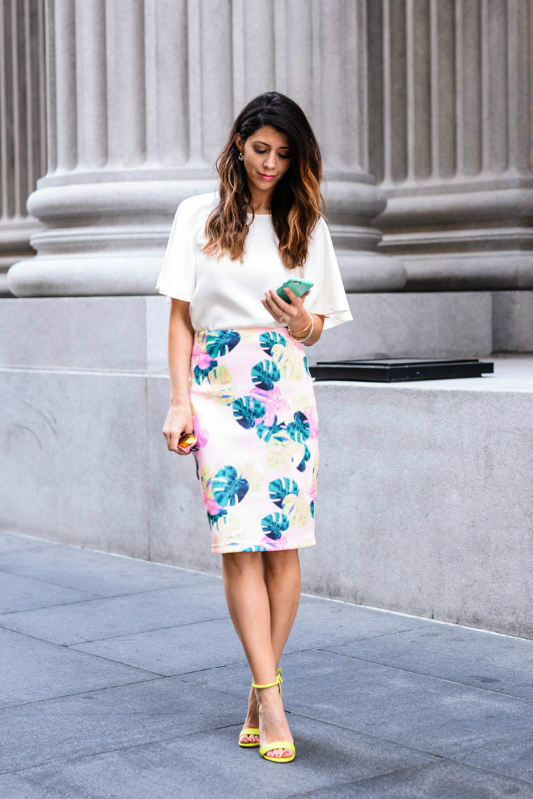 White top, Palm print skirt