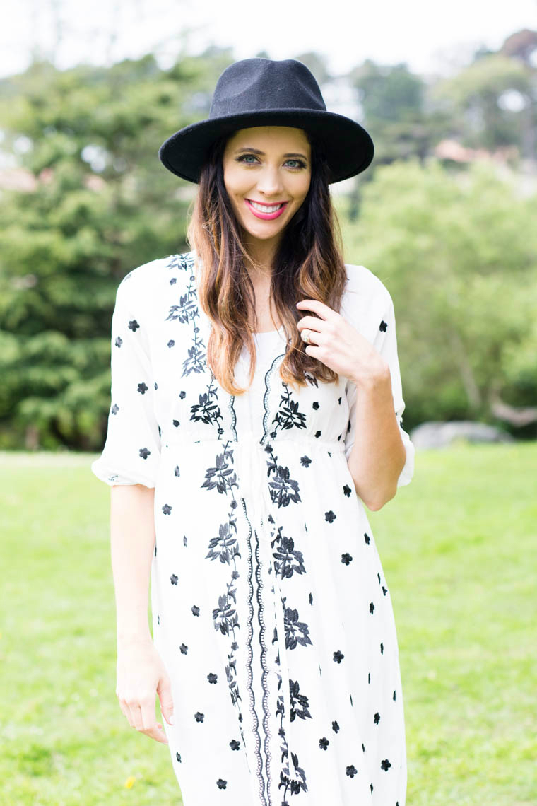 Black hat, maxi dress