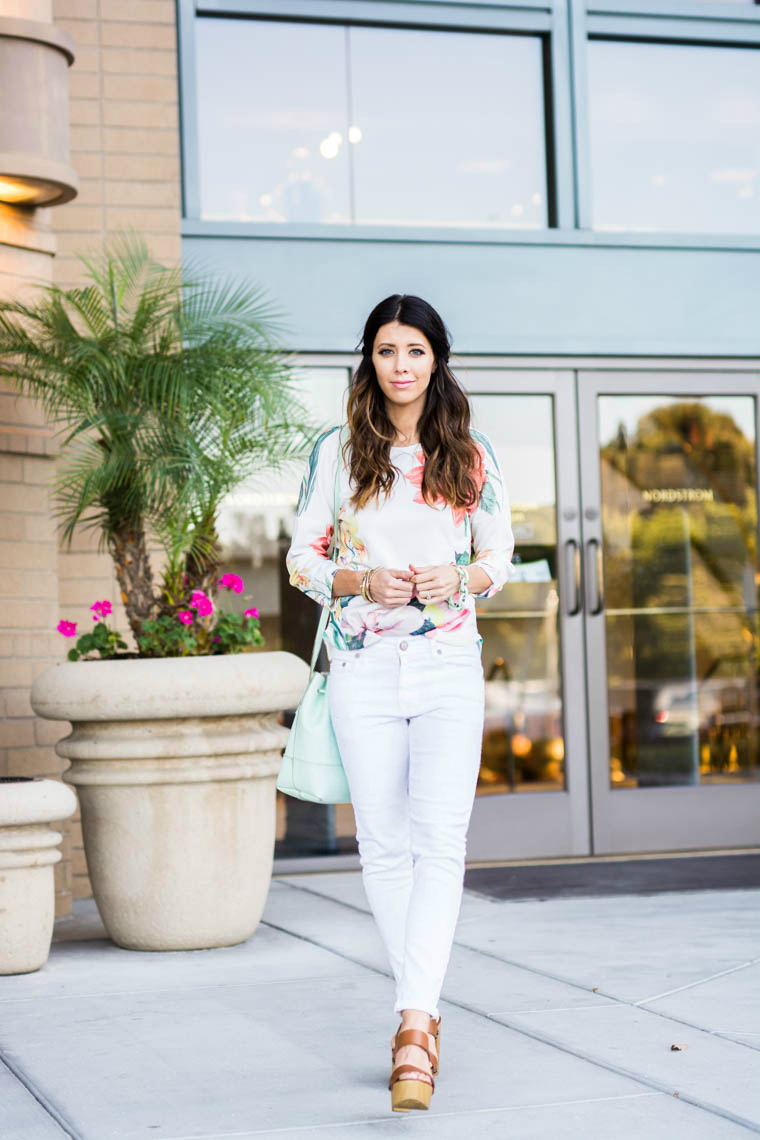 Wedges, white jeans, floral