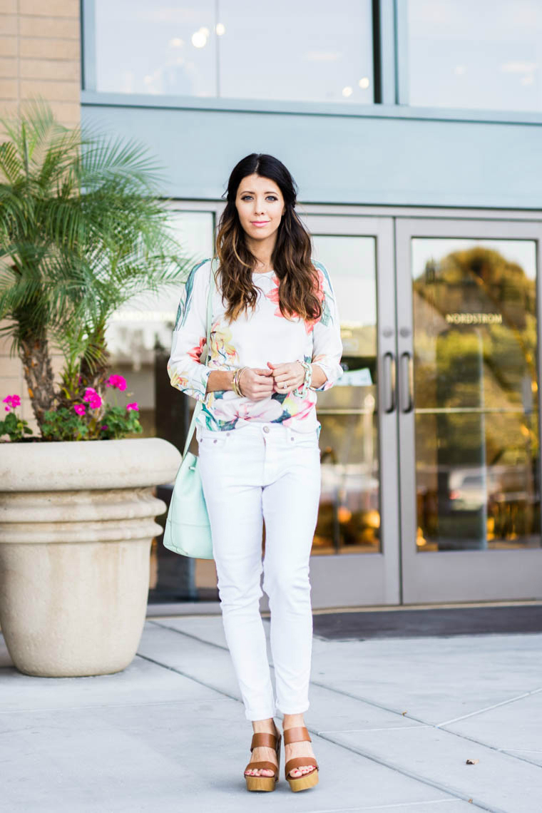 Wedges, white pants, floral top, mint bag