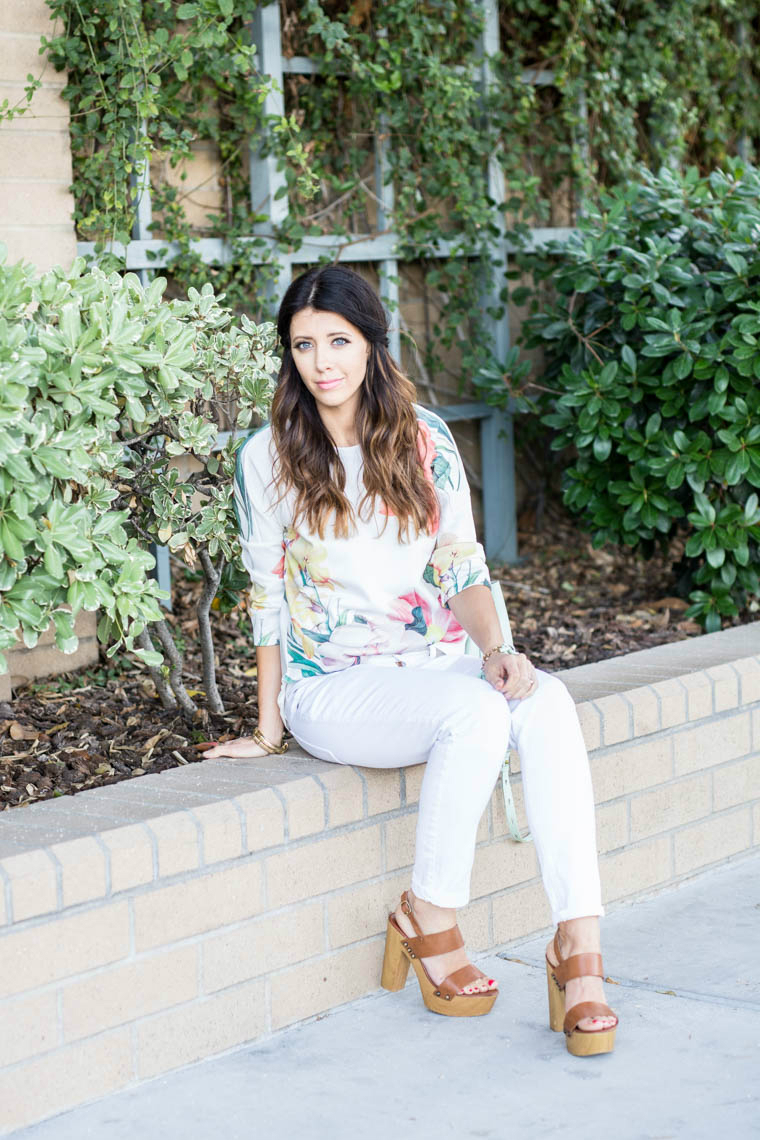 White pants, wedges, floral