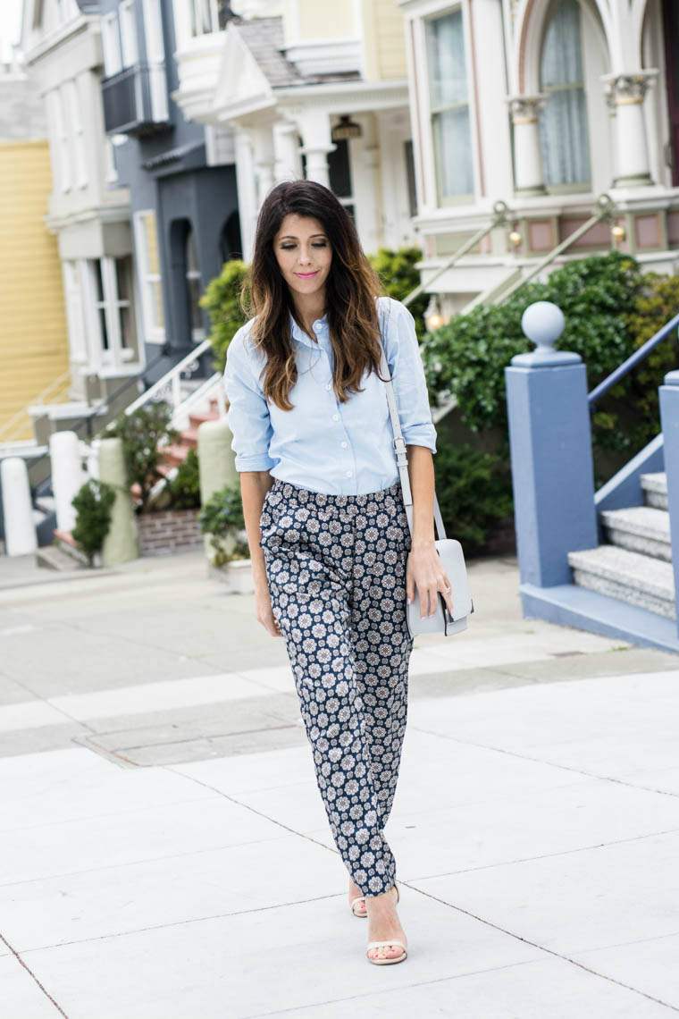 Blue collard top, slouchy pants