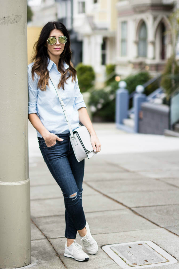 Distressed Jeans, Blue top, Sunnies