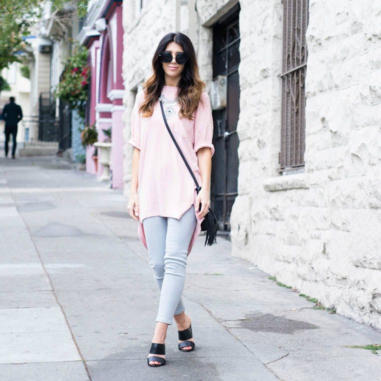 Fringe nags, Pink top, Grey Jeans, Black Mules