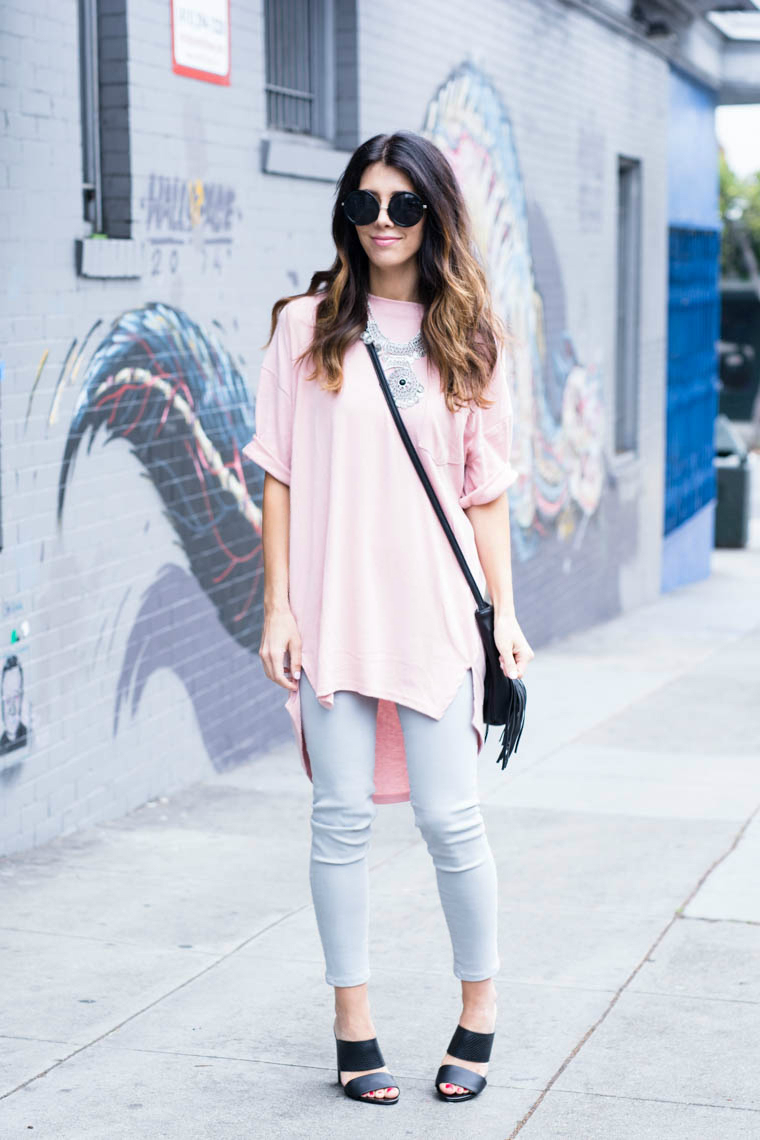 Grey jeans, pink top, fringe bag, sliver jewels