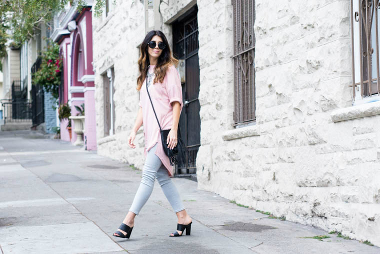 Pink top, fringe bag