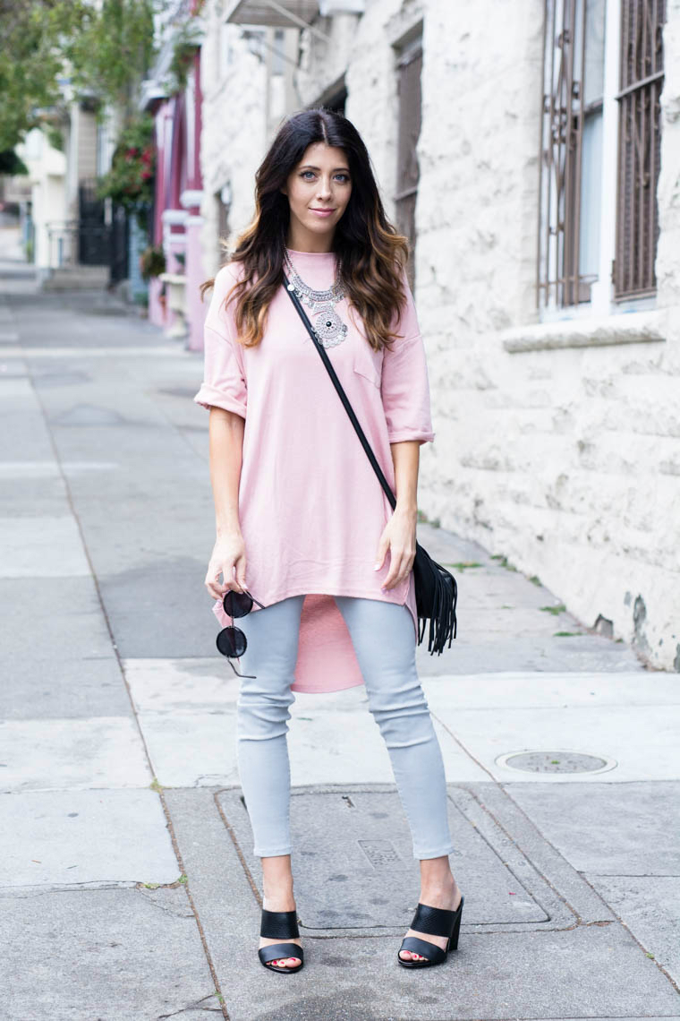 Sliver jewelry, pink top, black heels