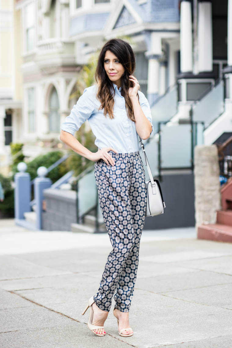 Slouchy pants, blue collard top, nude strappy heels