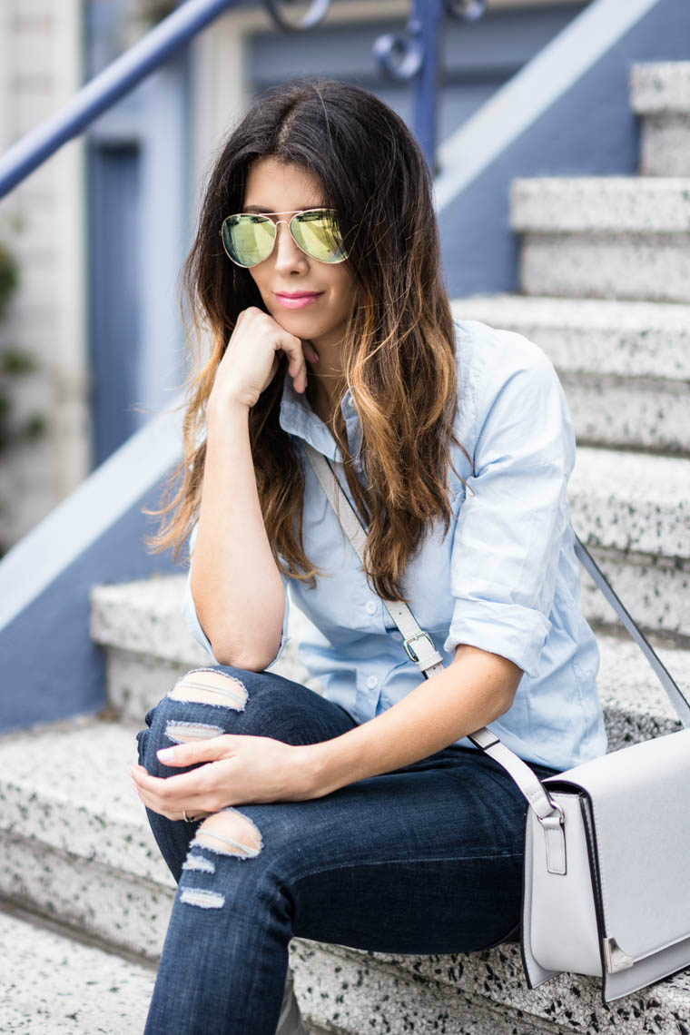 Sunnies, Blue Top, Distressed Jeans