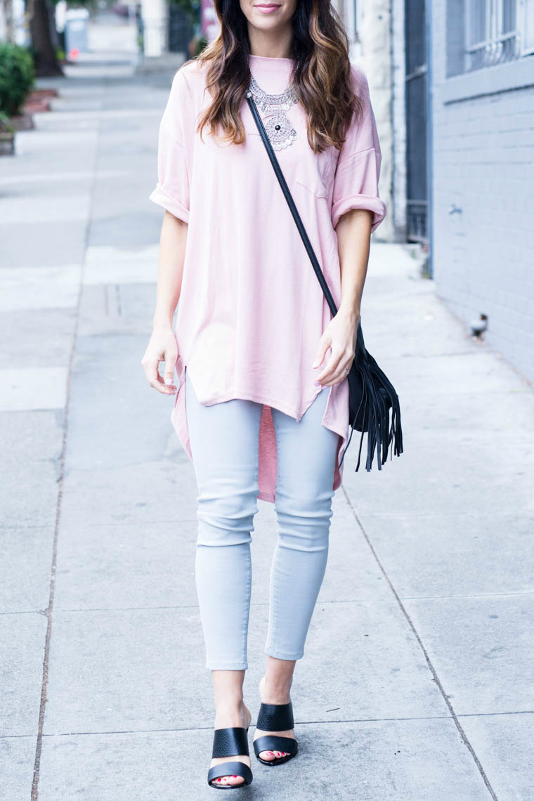 black mules, pink top, grey jeans, sliver jewelry