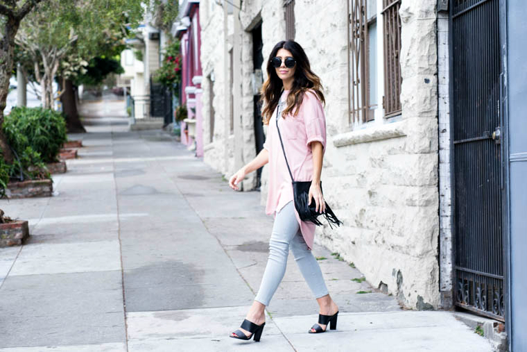 ffringe bag, pink top, grey jeans