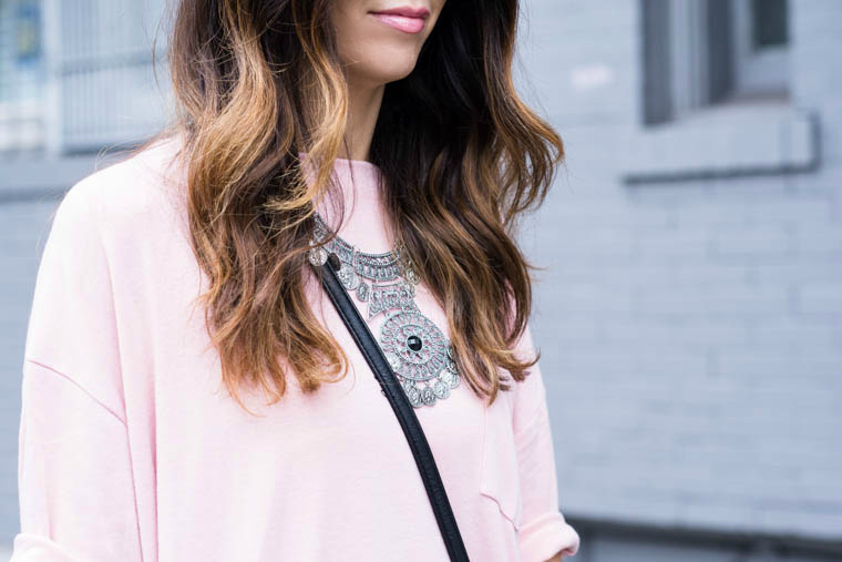 pink top, sliver jewelry