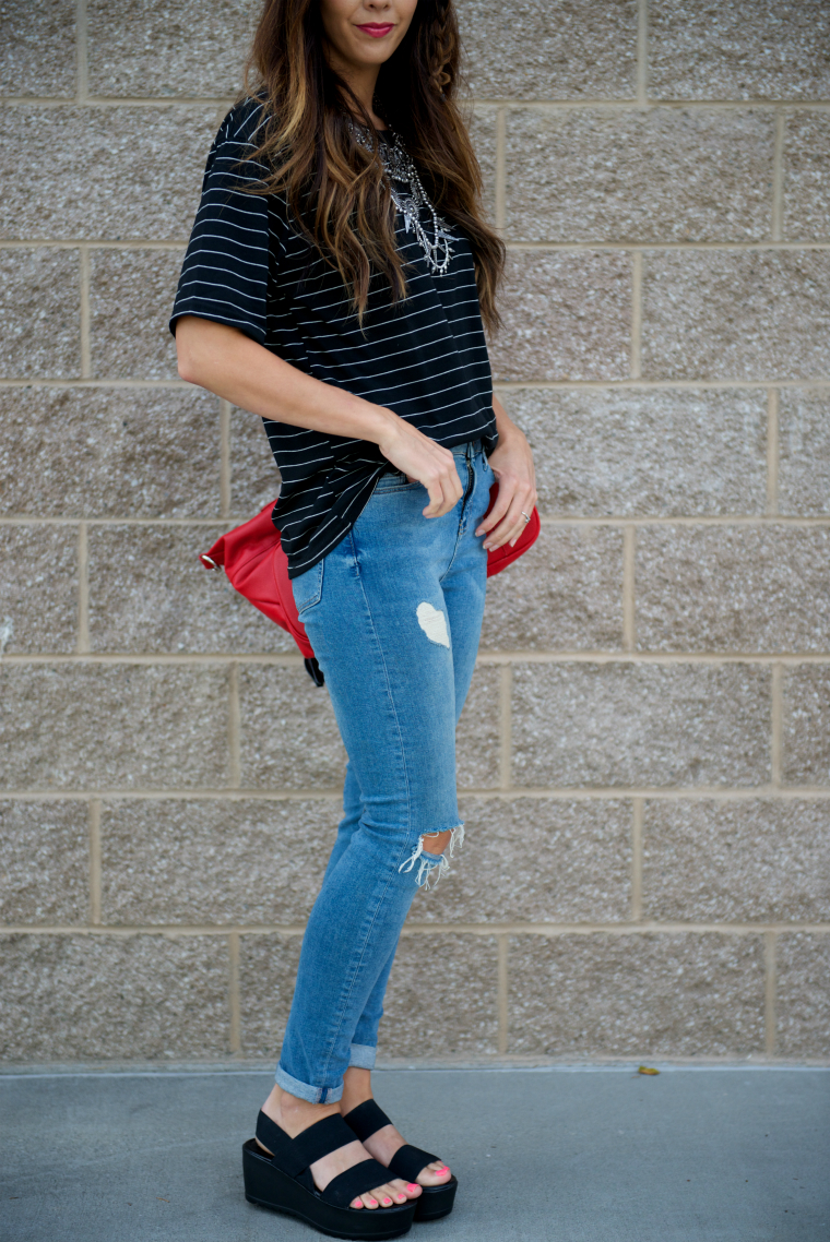 Black and white tee, Distressed Jeans