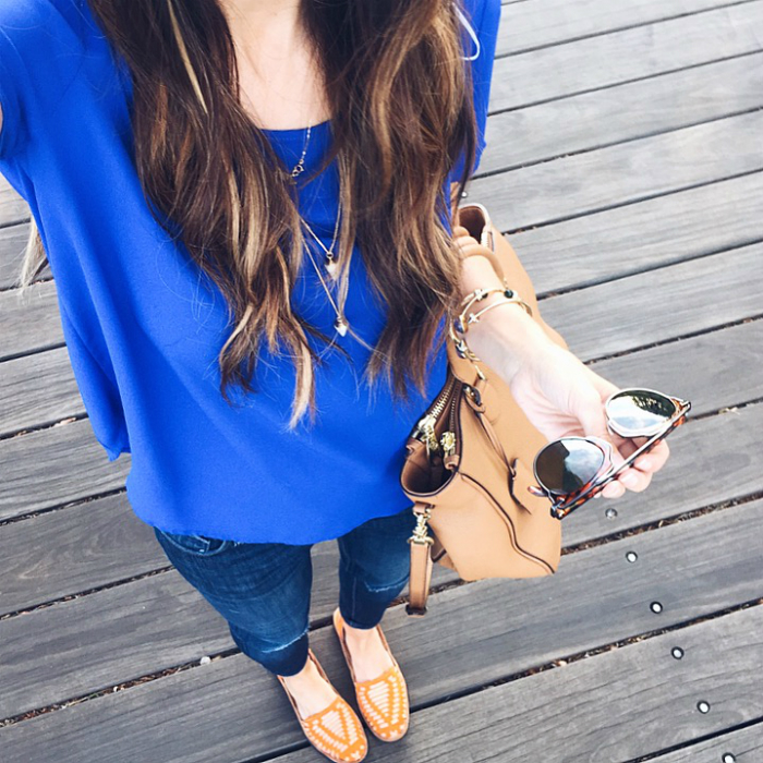 Blue Top, Orange and Tan Sandals