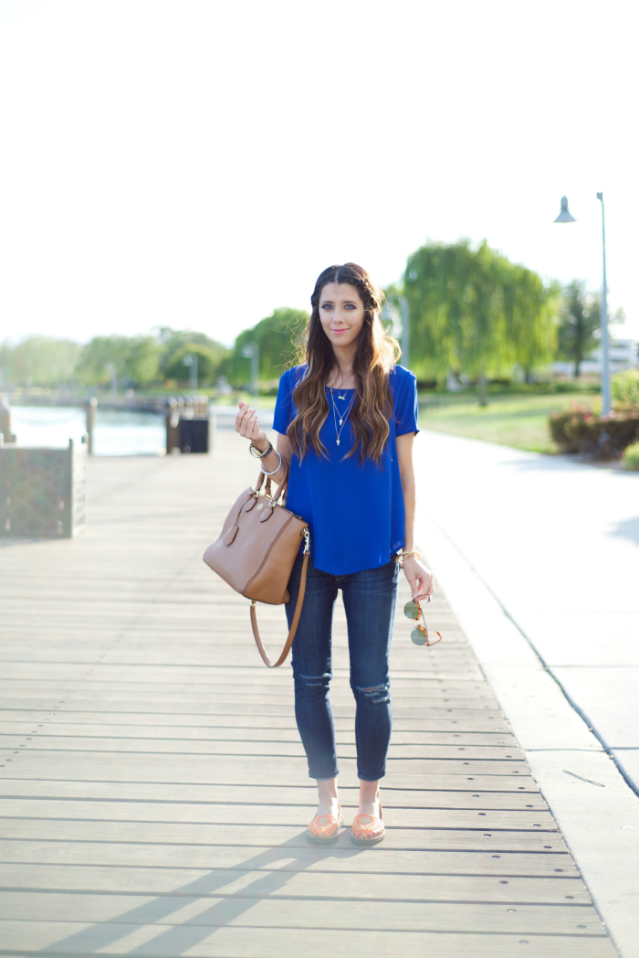 Colbalt Blue Tee, Distressed Jeans