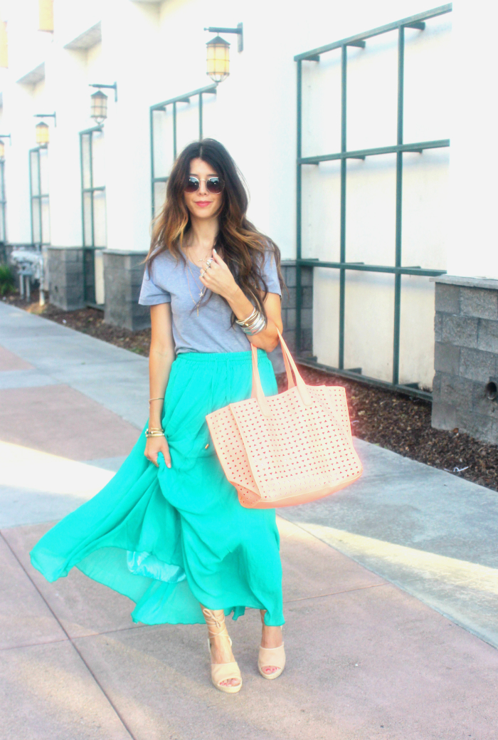 Coral bag, Grey Top, Green Skirt