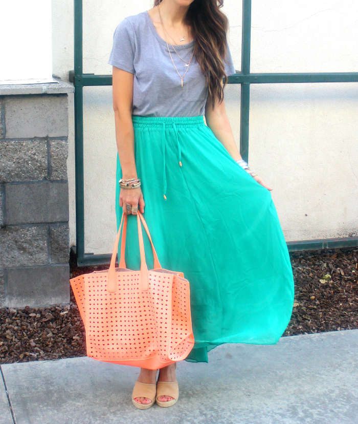 Coral handbag & Green skirt, Grey top