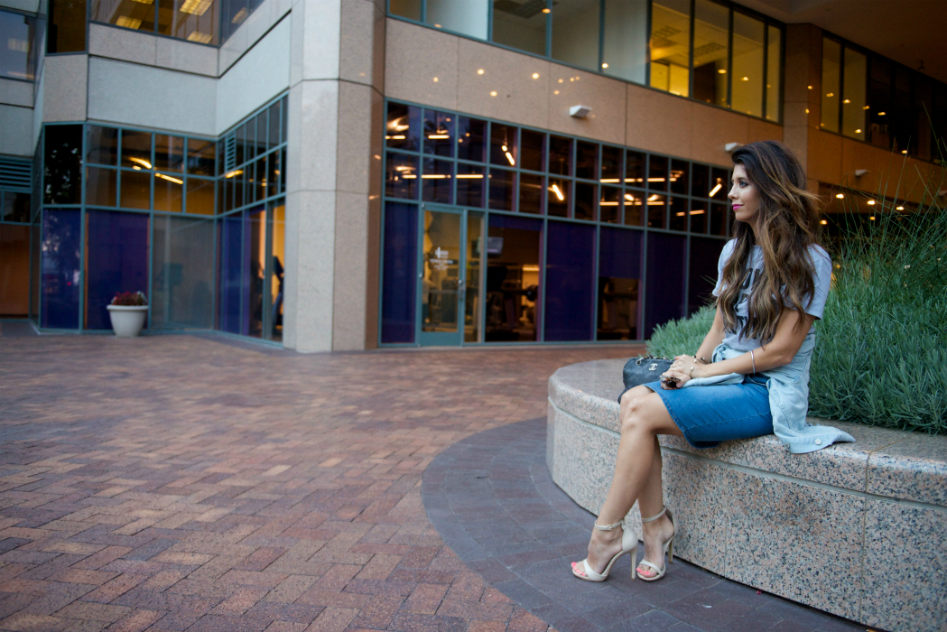 Denim Skirt, Nude Heels