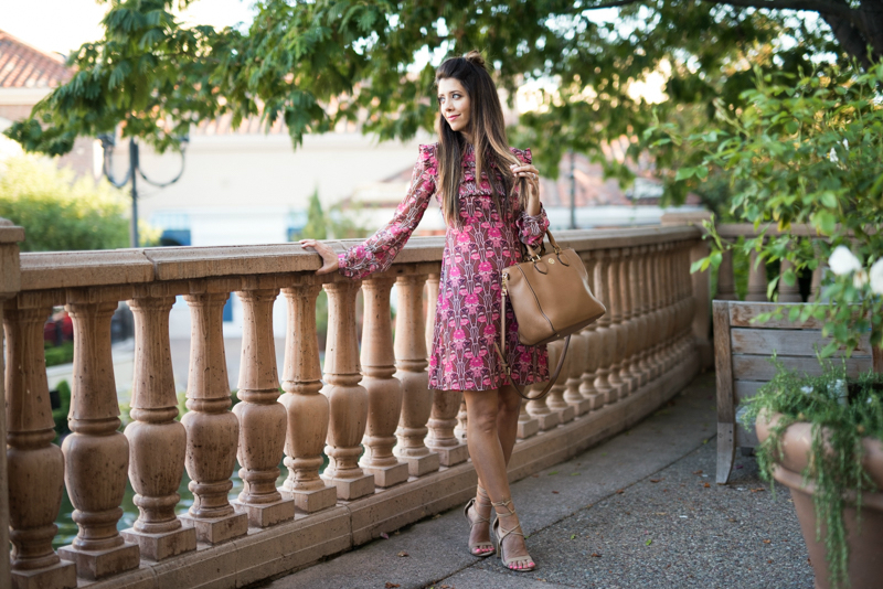 Floral print dress + Nude colored lace up heels