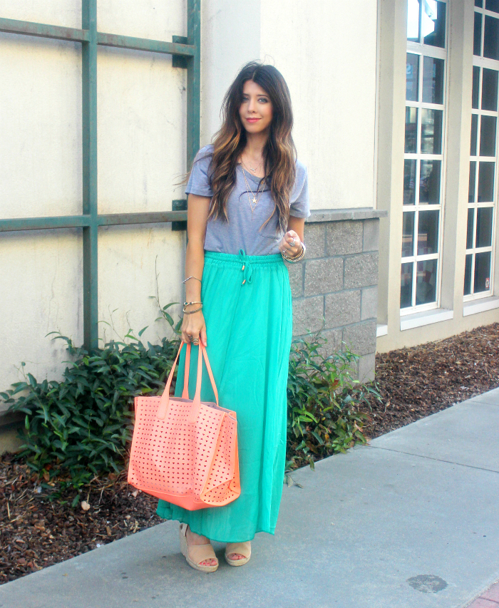 Long Green Skirt, Grey Top