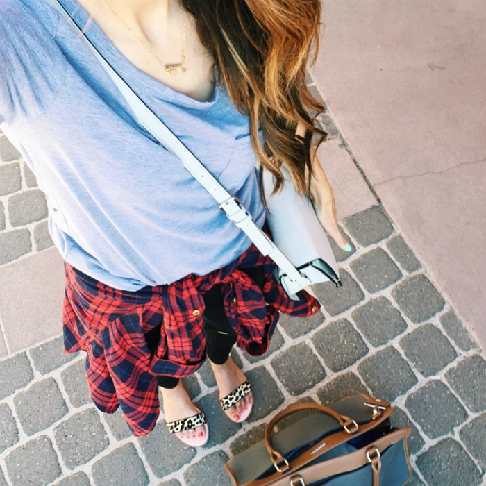 Plaid, Grey top, Black Jeans