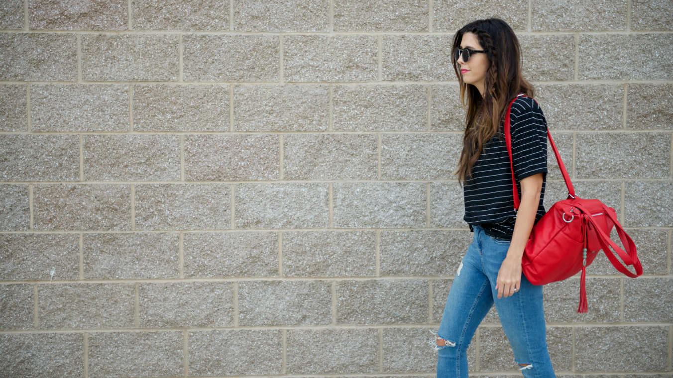 Red Bag, Black and White Striped Tee