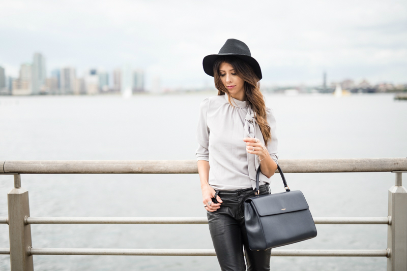 Black Hat, Grey Bow Tie Top styled by popular San Francisco fashion blogger, The Girl in The Yellow Dress