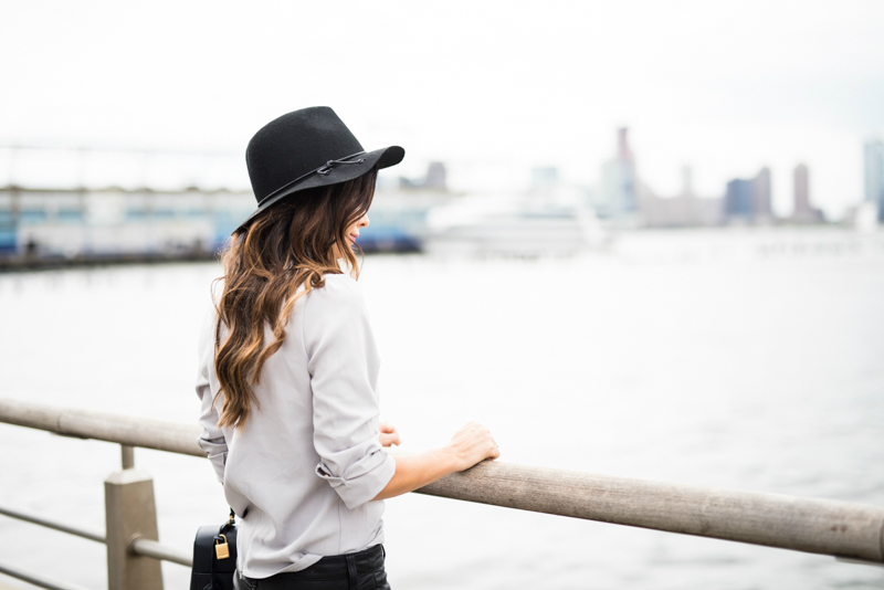 Black hat, Grey Top - Grey Bow Tie Top styled by popular San Francisco fashion blogger, The Girl in The Yellow Dress