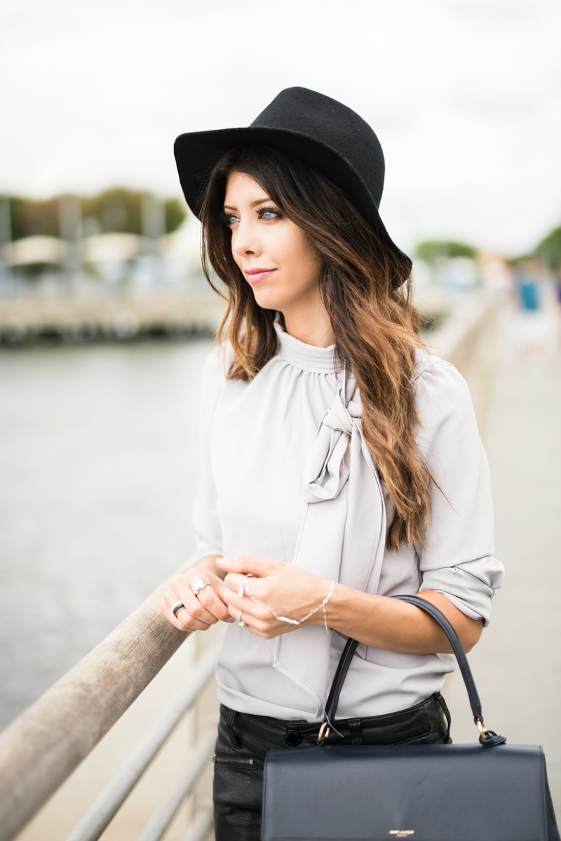 Bow Tie Top - Grey Bow Tie Top styled by popular San Francisco fashion blogger, The Girl in The Yellow Dress