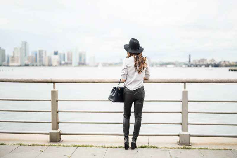 Grey top, Black leather pants, leather booties - Grey Bow Tie Top styled by popular San Francisco fashion blogger, The Girl in The Yellow Dress